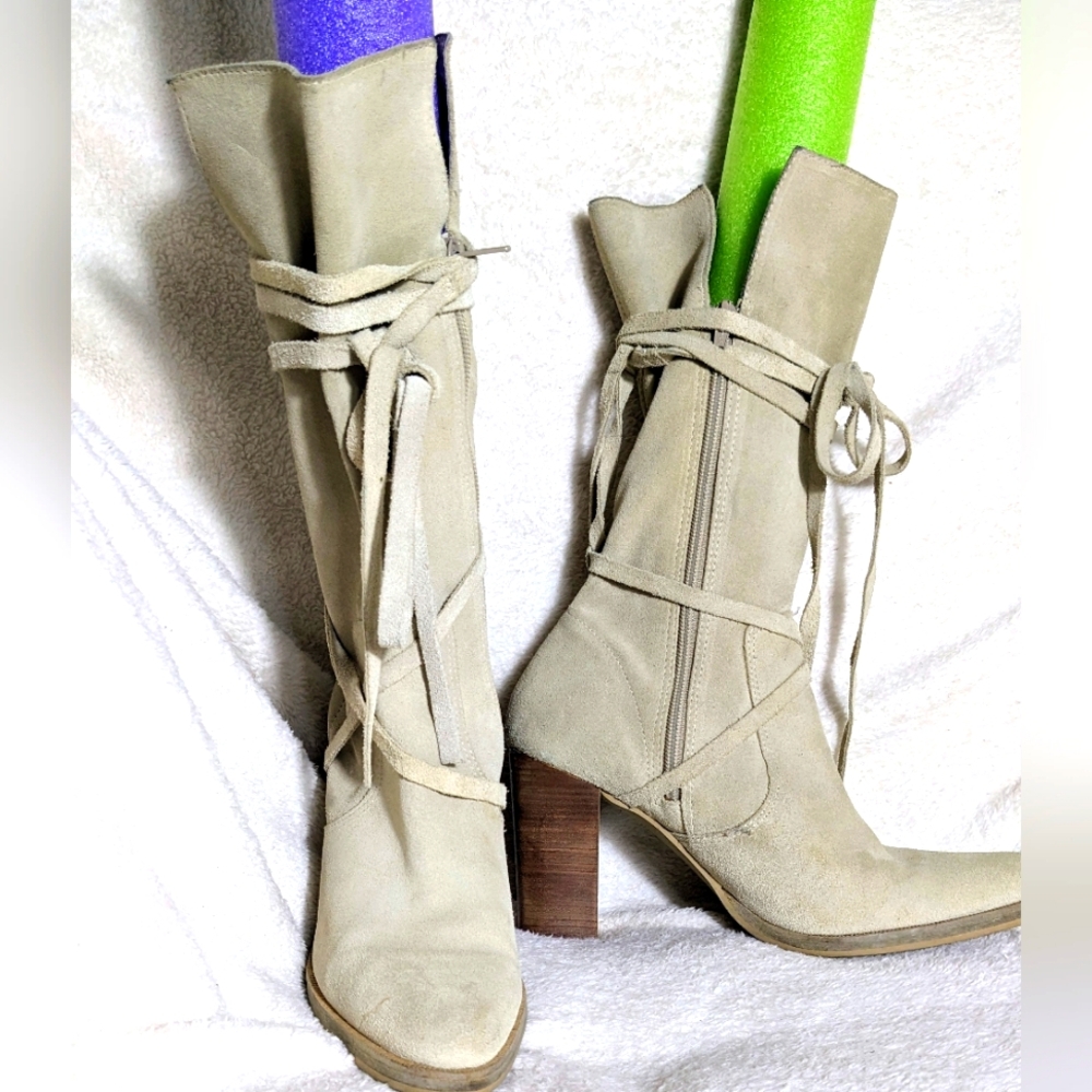 Women's CANDIE'S Cream Suede Heeled Boots, Suede Strap Wrap| Size‎ 9 - Picture 5 of 9
